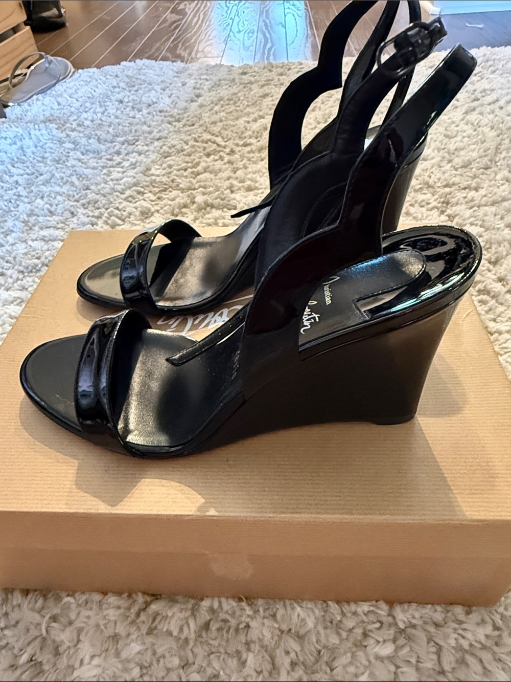 Christian Louboutin Black Patent Leather Open-Toe Slingback Heels - Picture 5 of 7